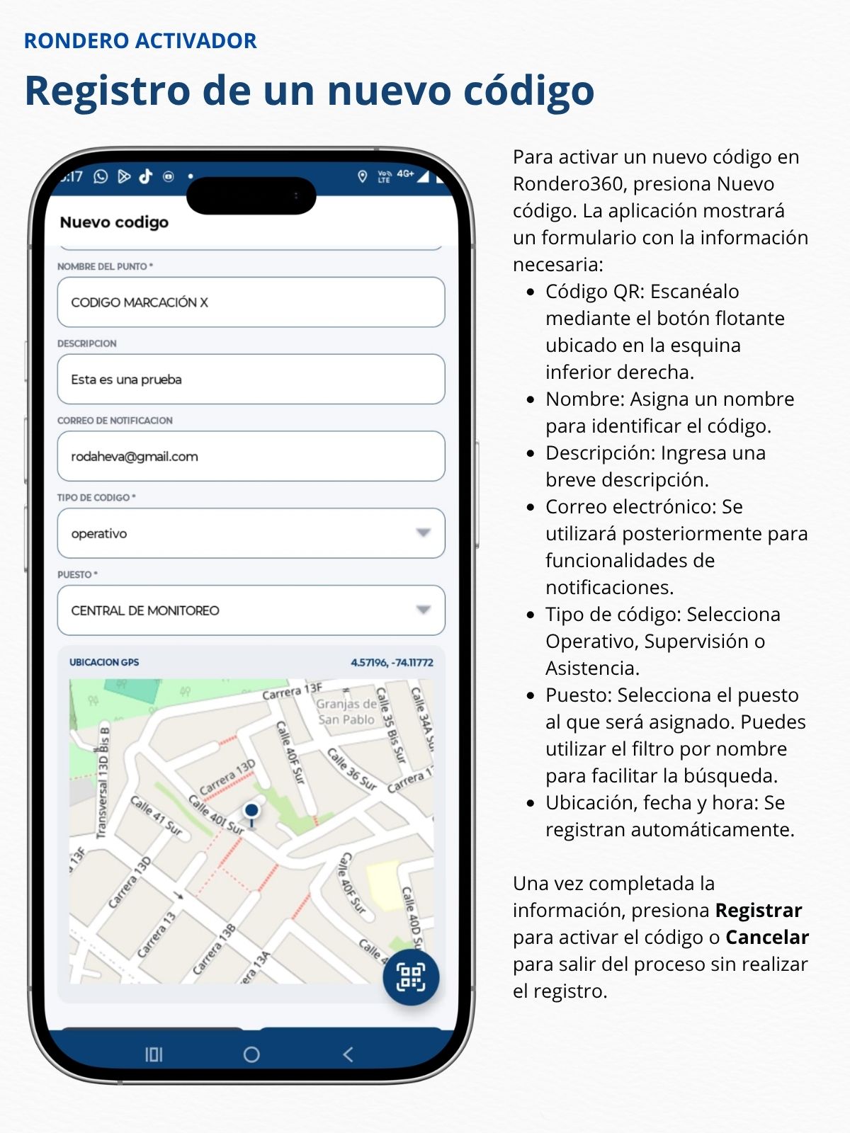 Registro de un nuevo código