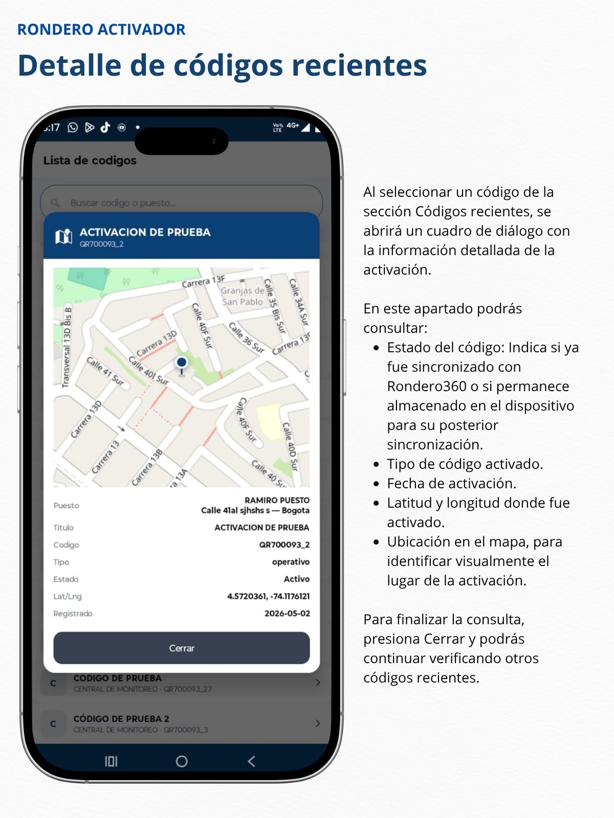 Detalle de códigos recientes